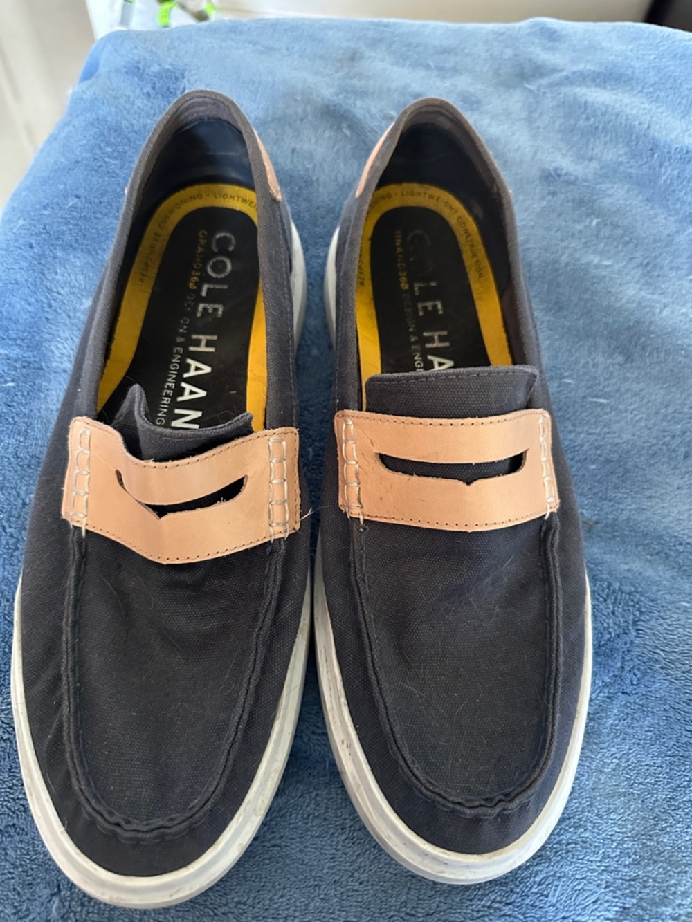 Cole Haan Men’s Blue Canvas Penny Loafers with Tan Accent